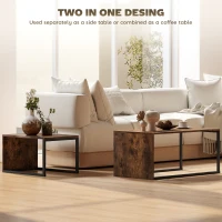 HOMCOM Zestaw 2 stolików kawowych, rustykalny brązowy, stolik do salonu i sypialni, metalowa rama, stolik na kawę(m-6)