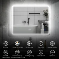 HOMCOM 700 x 900 mm Bluetooth Bathroom Mirror with LED Lights, Illuminated Backlit Wall Mounted Vanity Mirror with 3 Colours Dimmable, Clock, Anti-Fog, Memory & Touch Switch, IP44(m-4)