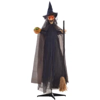 HOMCOM 190cm 75" Witch with Broomstick Outdoor Halloween Decoration, Halloween Animatronic with Sound Activated, Light Up Eyes, Sound Effects, Animated Prop for Haunted House(m-11)