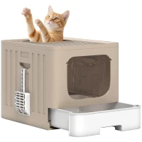 PawHut Foldable Cat Litter Box with Lid, Slide-Out Drawer, Scoop, Easy Clean, Odour Control, Anti-Splashing, Khaki(m-10)