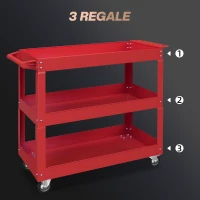 Wózek warsztatowy DURHAND z 3 poziomami, pusty wózek narzędziowy, wózek transportowy z bocznym uchwytem, 4 koła, do 150 kg, Stal, 83 x 35,3 x 76 cm, Czerwony(m-4)