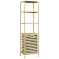 Regał łazienkowy HOMCOM z koszem na pranie, 3 poziomy, Wyciągany kosz na bieliznę, Szafka łazienkowa z ochroną przed przewróceniem, Bambus, 44 x 33 x 160 cm(m-1)