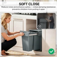 HOMCOM Kosz na śmieci 20L+10L Wysuwany, Wbudowany Kosz na Śmieci, Kosz na odpady do szafek z 2 wyjmowanymi pojemnikami, matowa pokrywa i uchwyt, Szary(m-7)