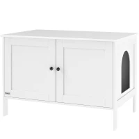PawHut Cat Litter Box Enclosure, Elevated Design Litter Box Furniture with Double Doors and Side Entrance, Indoor Kitty House Hidden Washroom Toilet for Living Room, White(m-10)
