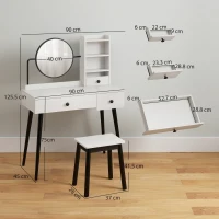 HOMCOM Dressing Table Set with Mirror and Stool, Vanity Makeup Table with 3 Drawers and Open Shelves for Bedroom, Living Room, White(m-3)
