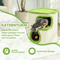 PawHut 52cm Cat Barrel Tower, 2 Story Cat Condo with Sisal Scratching Pad, Toy Ladybugs, Barrel Shaped Cat House Covered in Soft Plush, Green(m-4)