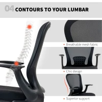 HOMCOM Krzesło biurowe z regulowanym pierścieniem na nogi, wsparcie lędźwiowe, regulowane krzesło obrotowe z wysuwanymi podłokietnikami, krzesło z siatką, Czarne(m-7)