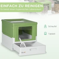 PawHut Kuweta dla Kota z Pokrywą, Hygieniczna Toaleta, z Tacką i Łopatką, Odkurzacz, Plastik, Biały+Zielony, 47,5 x 35,5 x 36,7 cm(m-4)