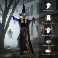 Outsunny 183 cm Wisząca Czarownica na Halloween z LED, Funkcją Dźwiękową, Dekoracja Drzwi z Regulowanymi Ramionami, Figura Ogrodowa w Naturalnej Wielkości na Imprezę(m-7)