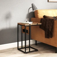 HOMCOM C Shaped Side Table with Foldable Top and Charging Station, End Table with Metal Frame, Bedside Table, Sofa Side Table for Living Room, Bedroom, Rustic Brown and Black(m-8)