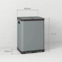 HOMCOM Dual Kitchen Bin, 2 x 30L Pedal Bin, Metal Double Rubbish Bin with Soft Close Lid, Removable Inner Buckets, Fingerprint-Proof for Recycling and Waste, Grey(m-3)