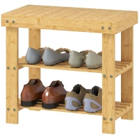 HOMCOM Ławka na Buty z Bambusa, Regał na Buty z 2 Półkami i Siedziskiem, do 136 kg, Ławka do Przedpokoju, Wejściowego, 50 x 28 x 45 cm, Naturalna(m-10)