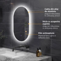 kleankin Oglindă de Perete cu Lumină LED în 3 Culori și Funcție Anti-Aburire, 81x51x4.5 cm, Transparent(m-6)