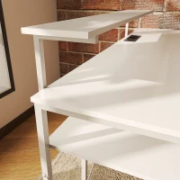 HOMCOM Biurko narożne L z półkami, biurko komputerowe z podstawką na monitor, gniazdo sieciowe, port ładowania USB, białe, idealne do biura domowego, sypialni, 137 x 140 x 139,5 cm(m-9)