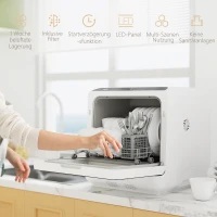 HOMCOM Table Top Dishwasher, Mini Countertop Dishwasher with Built-in 6L Water Tank, 6 Programs, Touch Control, LED Display, 4 Place Settings, Dual Water Supply and Air Drying Function, White(m-8)