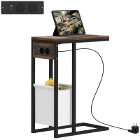 Stolik boczny HOMCOM w kształcie litery C z kieszenią, industrialny stolik nocny z portami USB i gniazdami, Rustykalny Brąz(m-11)