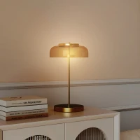 HOMCOM Lampka stołowa nowoczesna z ciepłym światłem LED, metalowa podstawa, bursztynowy szklany klosz, Lampka nocna 5 W 3000 K złota Ø23 x 40H cm(m-9)