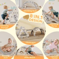 AIYAPLAY Drabinki Kryte, 5 w 1 Trójkąt do wspinaczki z zjeżdżalnią, Łuk, w zestawie dwustronna rampa, Plac zabaw kryty dla dzieci 18-48 miesięcy, Szary+Biały(m-4)