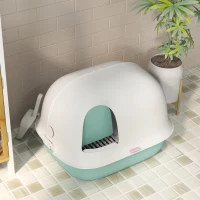 PawHut Cat Litter Box with Lid, Cat Litter Tray with Internal Channel, Door, Front Opening, Scoop, Easy Clean Hooded Cat Litter Box, Green(m-9)