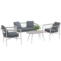 Outsunny 4 Pieces Patio Wicker Furniture Set with Cushions, Outdoor PE Rattan & Rope Woven Conversation Sofa Set with Rocking Function Seat, Glass Top Coffee Table, Grey(m-11)