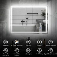 HOMCOM 600 x 800 mm Bluetooth Bathroom Mirror with LED Lights, Illuminated Backlit Wall Mounted Vanity Mirror with 3 Colours Dimmable, Clock, Demister Pad, Memory Function, Touch Sensor, IP44(m-4)