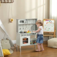 AIYAPLAY Kids Kitchen Playset with Electric Stove, 6 Cuttable Food Set, Microwave, Adjustable Height Kitchen for Kids with Storage, White(m-2)