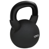 HOMCOM Kettlebell 12 KG z żeliwa z powłoką neoprenową, Hantla do treningu siłowego, kondycyjnego i Rdzenia, Z osłoną chroniącą podłogę, Czarna(m-11)