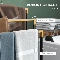 kleankin Wolnostojący Wieszak na Ręczniki, Stojak na 3 Ręczniki, Wieszak kąpielowy z Bambusa i Stali, Czarny(m-5)