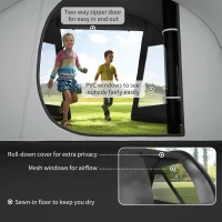 Outsunny Namiot tunelowy dla 4 osób, Namiot kempingowy z dwoma pomieszczeniami, Namiot grupowy z ochroną UV, Oknami, Namiot rodzinny z torbą transportową, 2000 mm słupa wody, do trekkingu, Czarny(m-6)