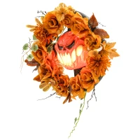 Dekoracja Outsunny na Halloween – Wiszący Wieniec z Dynią z 44 LED-ami o Efekcie Płomienia, Dekoracja Drzwi Wejściowych z Upiorczą Twarzą Dyni i Kwiatami, Dekoracja Ogrodowa na Imprezę(m-10)