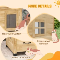 PawHut Drewniany domek dla kota na zewnątrz z zasłoną na drzwiach, Domek dla małych zwierząt z podwyższonym designem, do ogrodu, balkonu, żółty, 57 x 45 x 43 cm(m-6)