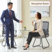 HOMCOM Desk Chair No Wheels, Office Chair with Mesh Back, Lumbar Support, Metal Base for Waiting Room, Conference Room, Dark Grey(m-9)