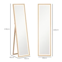 HOMCOM Lustro na całe ciało 40 x 160 cm, stojące lustro z oświetleniem LED, 3 kolory światła, lustro ścienny z kontrolą dotykową, lustro podłogowe do sypialni, salonu, dąb(m-3)