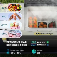 Outsunny Lodówka z kompresorem, 56 l, lodówka samochodowa 12/24 V DC i 240 V AC do -20°C, przenośna zamrażarka z trybami ECO/MAX, mini lodówka z drążkiem teleskopowym, kółkiem, na kemping, do(m-4)