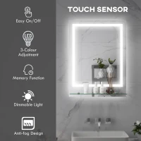 kleankin LED Bathroom Mirror with Lights and Shelf, Illuminated Makeup Mirror, Vanity Mirror with 3 Colour, Smart Touch, Anti-Fog(m-4)