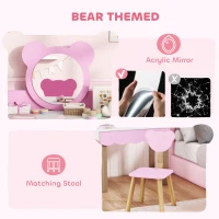 AIYAPLAY Two-Piece Kids Vanity Table Set with Mirror and Stool, Bear-Shaped Makeup Dressing Table Set with Drawer for Toddlers Ages 3-8 Years, Pink(m-6)