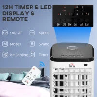 HOMCOM Mini Klimagerät 3 in 1 - Nawilżacz powietrza, przenośny chłodzący wentylator z 3 trybami, 60° oscylacją, funkcją timera i pilotem - do sypialni, biura(m-7)