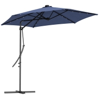 Parasol marki Outsunny, Ø290 cm, parasol ogrodowy z ochroną UV, lampki LED z krzyżakiem, parasol tarasowy z pokrowcem, do ogrodu, stal, Granatowy