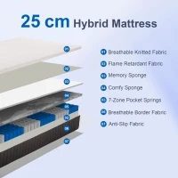 Materac HOMCOM 90x200 cm, Wysokość 25 cm, Ergonomiczny Materac Sprężynowy z Pianką Memory, 7-Strefowy, Stopień Twardości H3, Certyfikaty Oeko-TEX & CertiPUR(m-4)