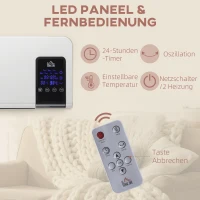 HOMCOM Grzejnik ścienny 2000W, ceramiczny z pilotem, 3 tryby pracy, wyświetlacz LED, z timerem 12h, szybkie ogrzewanie do salonu, sypialni, łazienki, biura(m-5)