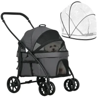 PawHut Wózek dla zwierząt 2 w 1 z osłoną przeciwdeszczową, Składany wózek dla kotów z 2 linkami bezpieczeństwa, dla małych psów i kotów, Oxford, Ciemnoszary(m-1)