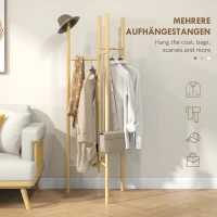 HOMCOM Wieszak Stojący, Wieszak na Ubrania z 6 Drążkami, z Drewna Sosnowego, w Stylu Nordyckim, na Odzież, Kapelusze, do Przedpokoju, Wejścia, Naturalny(m-4)