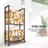 Outsunny Wewnętrzny Stojak na Drewno Kominkowe ze Stali 60 x 30 x 119cm Dwupoziomowy, na Kołach, Podniesiony, Czarny(m-6)