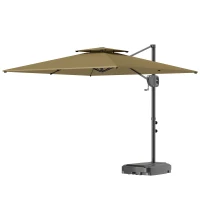 Outsunny Parasol de Jardin à Manivelle 2.5x2.5 m avec Double Toit et Tête Inclinable, Parasol Déporté à Bras avec Socle en Croix, Base Remplissable et Aération, UV30+, Kaki(m-1)