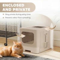 PawHut Foldable Cat Litter Box with Lid, Slide-Out Drawer, Scoop, Easy Clean, Odour Control, Anti-Splashing, Khaki(m-5)
