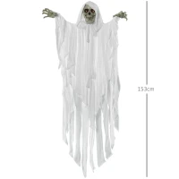 Outsunny 153 cm Dekoracja Halloween Horror Duszek Wiszący Szkielet Czaszka Halloween Dekoracja Wisząca Duch Świecące Oczy Specjalne Efekty i Funkcja Dźwięku Biały(m-3)