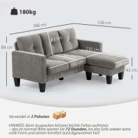 HOMCOM Sofa Narożna, Narożnik z Odwracalną Leżanką, Sofa w Kształcie L, Pikowana Narożna Sofa z Rdzeniem Sprężynowym, Stelaż z Stali, Wygląd Chenille, 186 x 130 x 84 cm, Brązowy(m-3)