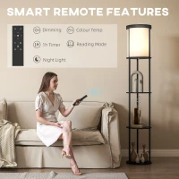 HOMCOM Lampa stojąca do salonu z 3 okrągłymi półkami, abażur z materiału, 3 kolory światła, wyłącznik nożny, czarna(m-5)