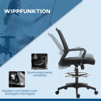Vinsetto Krzesło Biurowe Ergonomiczne z Regulowanym Pierścieniem na Nogi, Wsparcie Lędźwiowe, Obrotowe, z Siatkowym Oparciem, Funkcja Kołysania, Czarne(m-5)