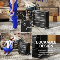 HOMCOM Wózek warsztatowy z 5 szufladami, pusty wózek narzędziowy zamykany włącznie z blatem roboczym ze stali nierdzewnej, 2 klucze & maty EVA Szafka narzędziowa na kółkach, hamulce Czarny(m-6)